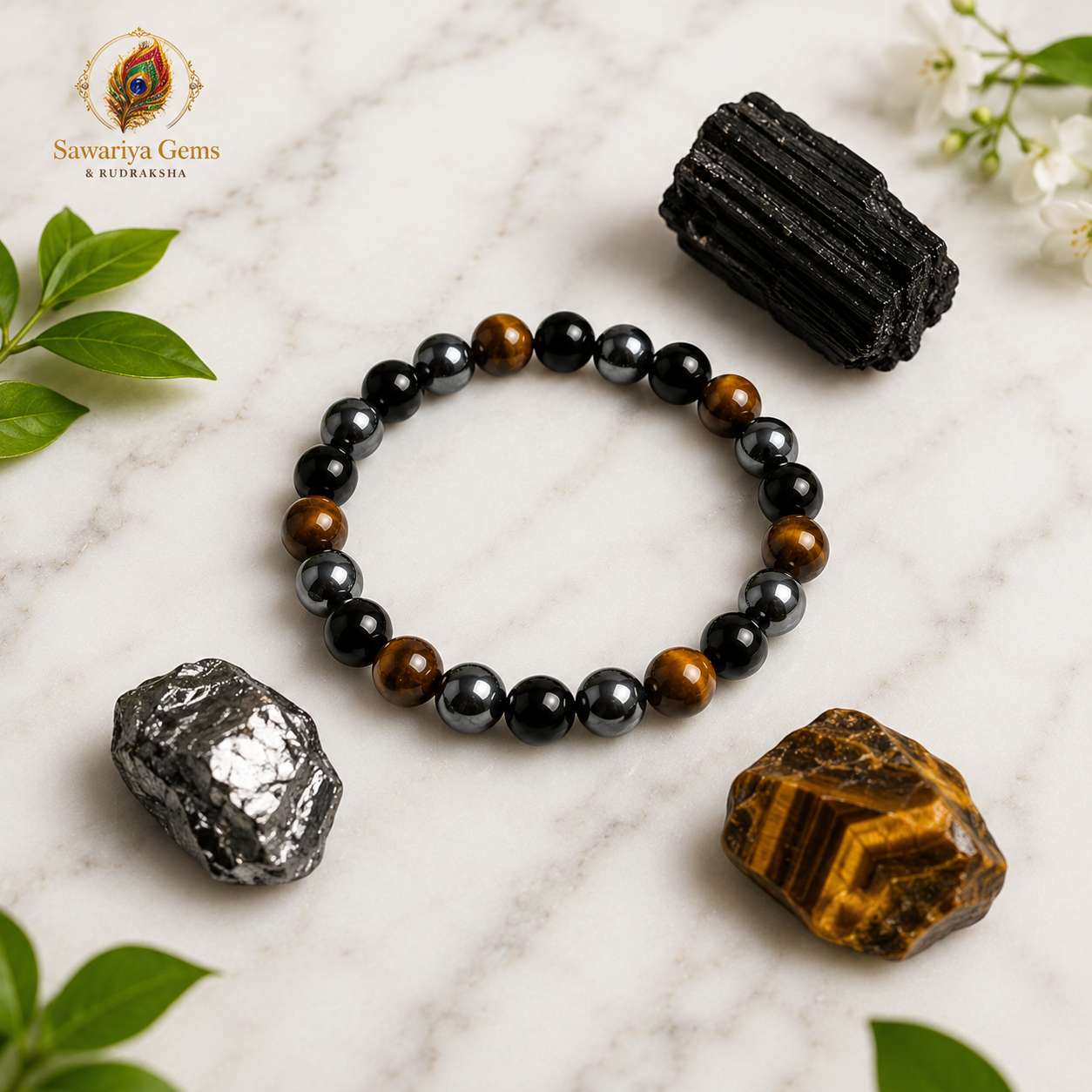 triple-protection-bracelet-white-marble marble.jpg Triple Protection Bracelet on white marble with Black Tourmaline, Tiger Eye and Hematite natural gemstones.