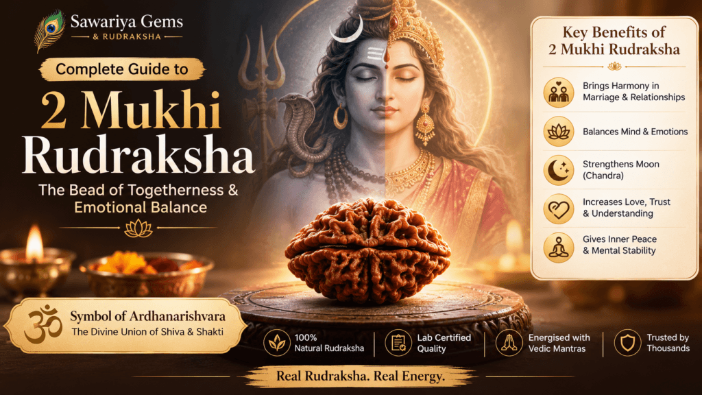 2 Mukhi Rudraksha representing Ardhanarishvara with Moon benefits, marriage harmony, emotional balance, and Vedic wearing guide.