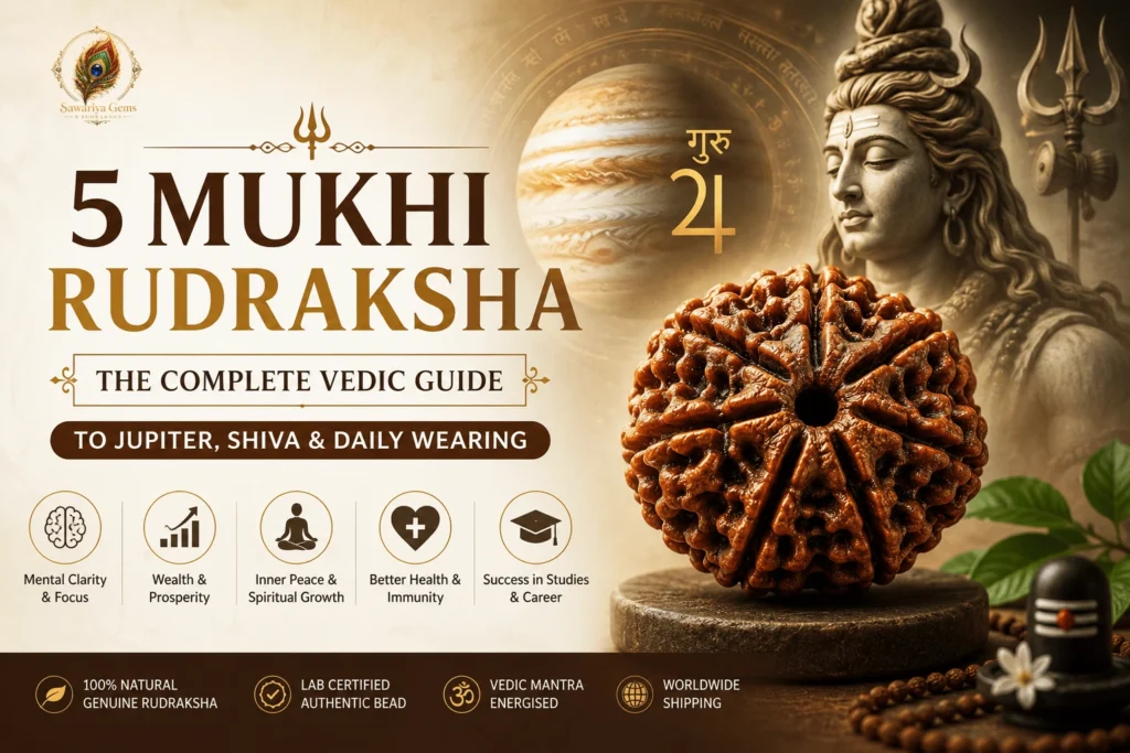 5 Mukhi Rudraksha with Lord Shiva and Jupiter – Complete Vedic Guide to Benefits, Wearing Rules & Spiritual Significance.