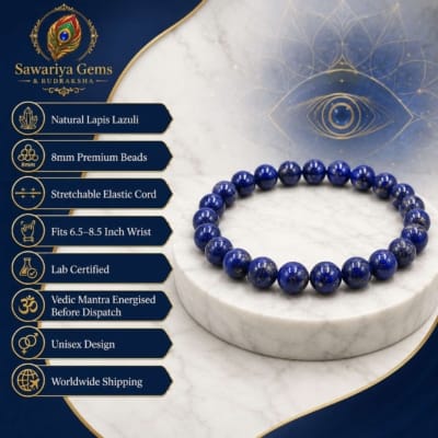 Natural Lapis Lazuli Mind Master Bracelet with 8mm beads, lab certified, Vedic energised, stretchable and unisex design.