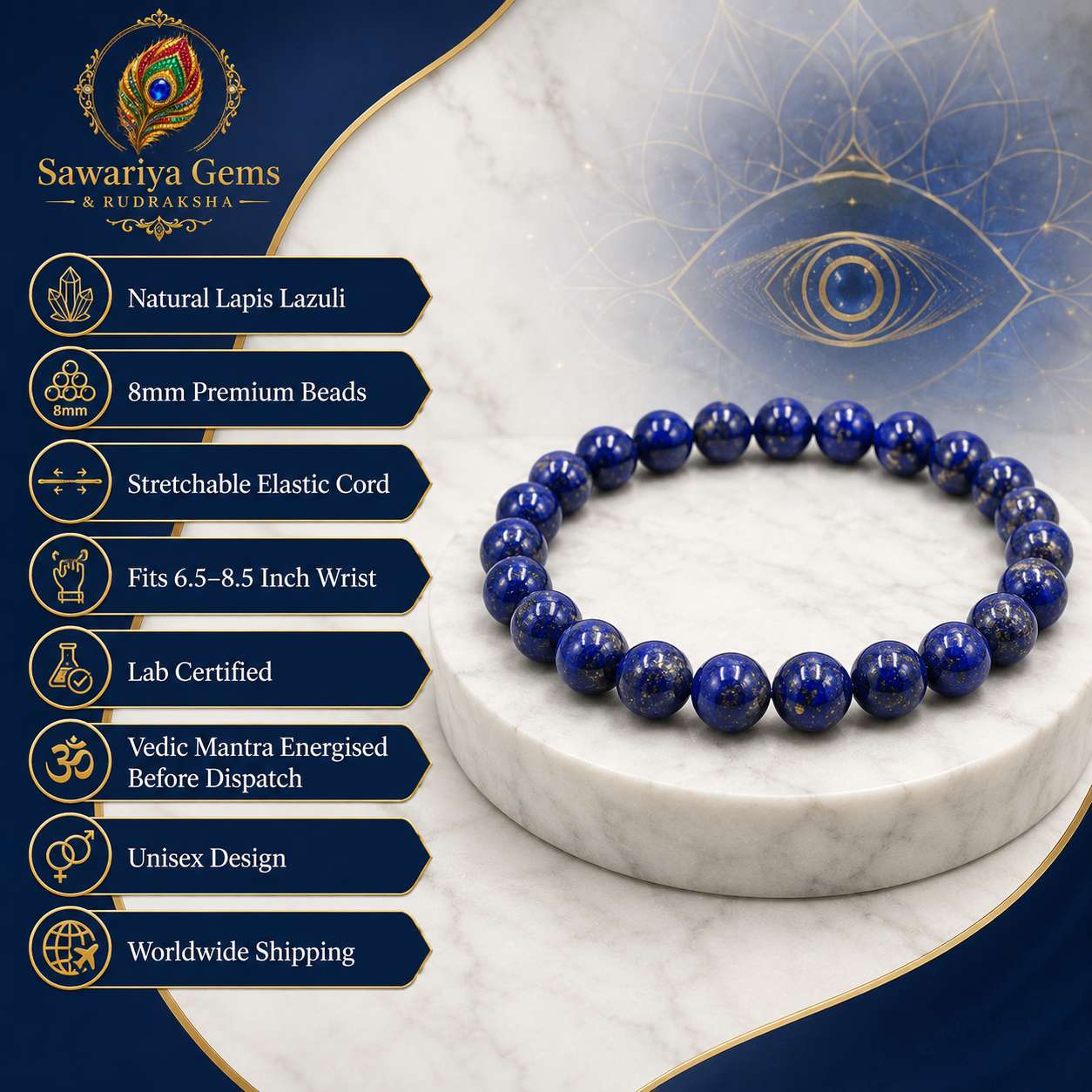 ChatGPT Image Jul 2, 2026, 12_08_16 PM Natural Lapis Lazuli Mind Master Bracelet with 8mm beads, lab certified, Vedic energised, stretchable and unisex design.