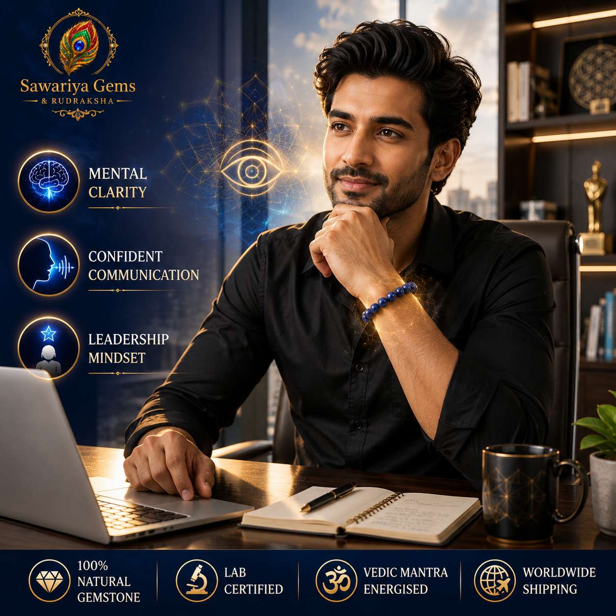 ChatGPT Image Jul 2, 2026, 12_19_03 PM Professional wearing Mind Master Lapis Lazuli Bracelet for confident communication, leadership mindset, focus and mental clarity