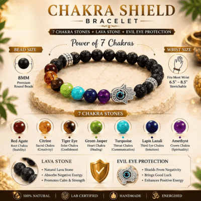 Natural Chakra Shield Bracelet with 7 chakra stones, lava stone and Evil Eye charm for balance, grounding and energy protection.