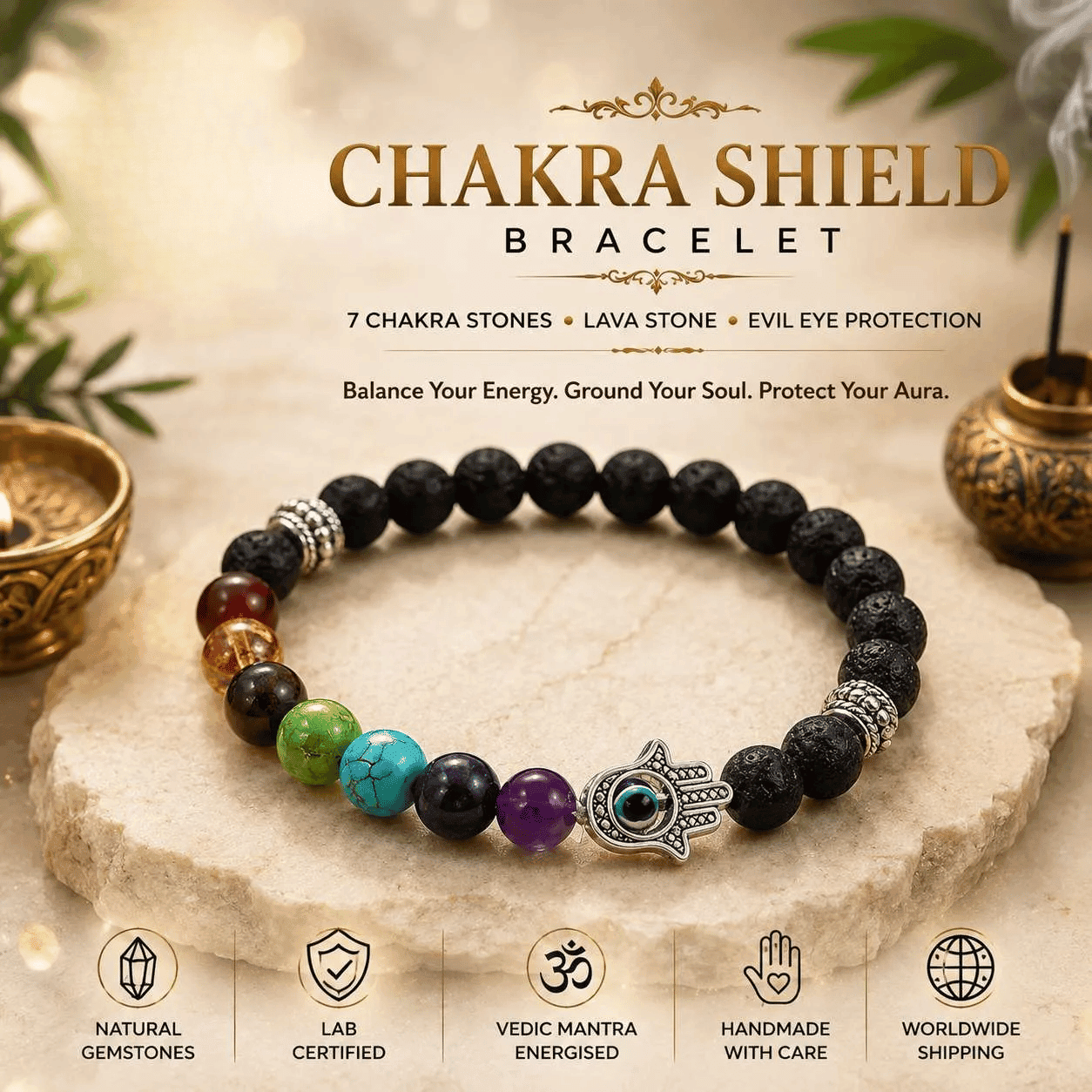Untitled design (17) Natural Chakra Shield Bracelet with 7 chakra stones, lava stone and Evil Eye charm for balance, grounding and energy protection.