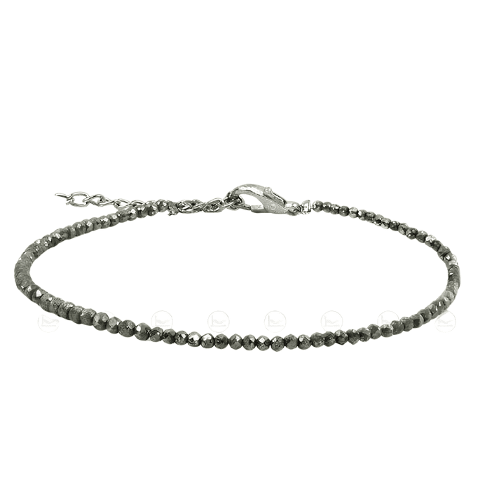 Women's pyrite beaded anklet with faceted natural gemstone beads, silver-tone , and extender chain on white background.