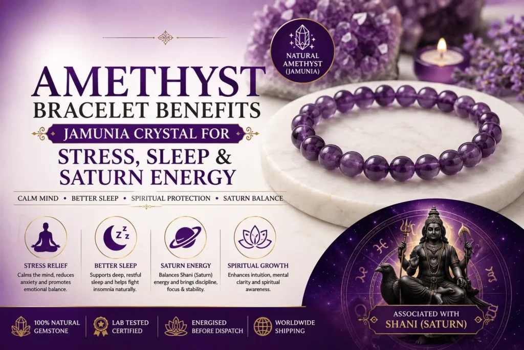 Amethyst bracelet benefits for stress relief, better sleep, mental clarity, spiritual growth, and Saturn (Shani) energy balance.