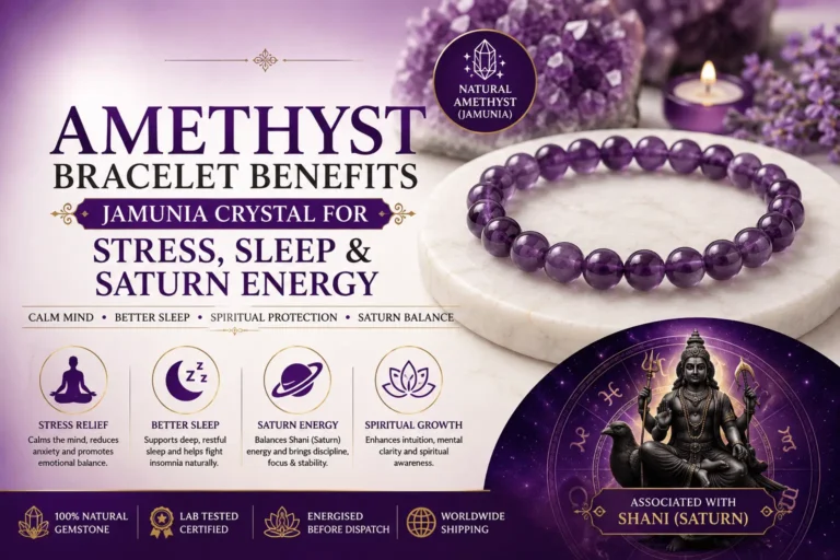 Amethyst bracelet benefits for stress relief, better sleep, mental clarity, spiritual growth, and Saturn (Shani) energy balance.