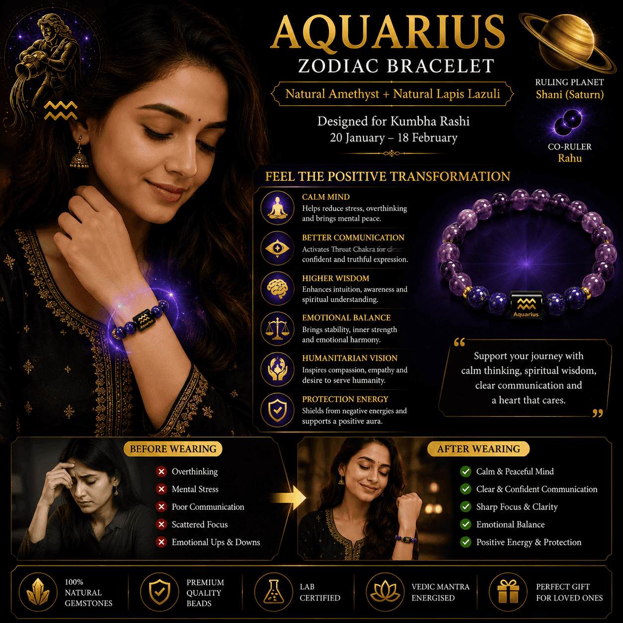 aquarius-zodiac-bracelet-benefits-before-after-wearing Aquarius Zodiac Bracelet showing before and after wearing benefits with Natural Amethyst and Lapis Lazuli for calmness and wisdom.