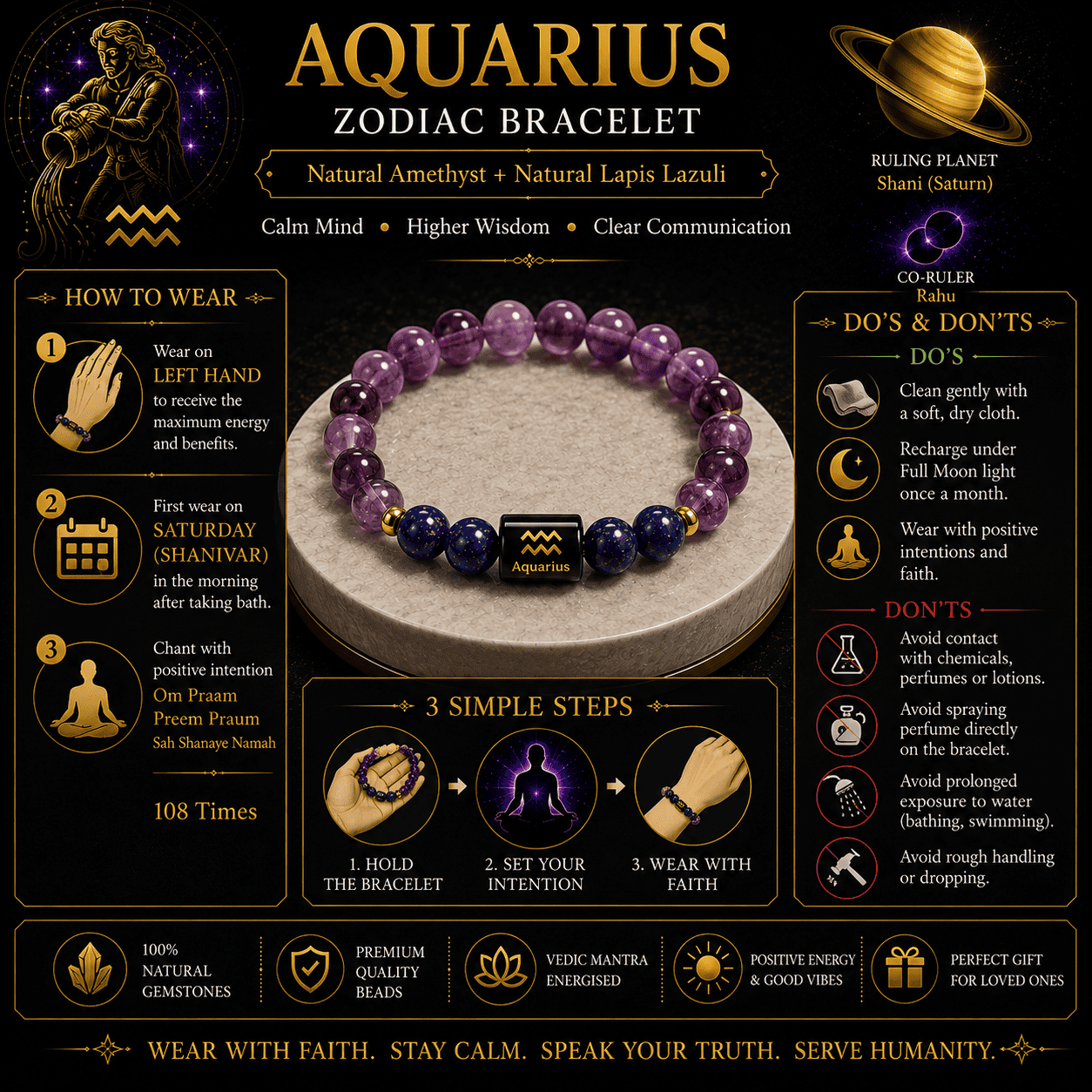 aquarius-zodiac-bracelet-how-to-wear-dos-donts-guide Aquarius Zodiac Bracelet wearing guide with do's, don'ts, mantra, Saturday wearing method and gemstone care instructions.