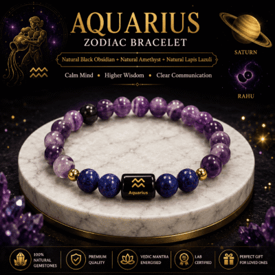 Premium Aquarius Zodiac Bracelet crafted with Natural Amethyst and Lapis Lazuli, Vedic mantra energised and lab certified gemstones.
