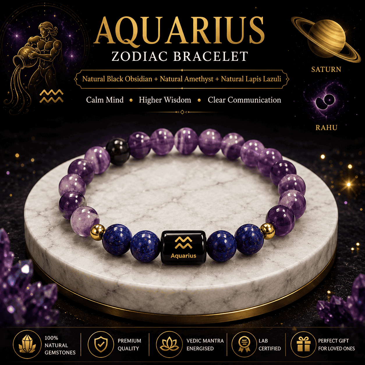 aquarius-zodiac-bracelet-premium-natural-gemstones Premium Aquarius Zodiac Bracelet crafted with Natural Amethyst and Lapis Lazuli, Vedic mantra energised and lab certified gemstones.