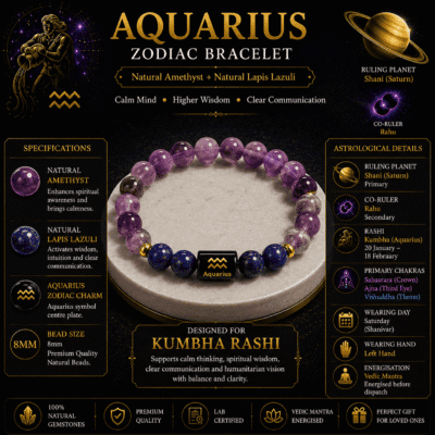 Aquarius Zodiac Bracelet specifications featuring Natural Amethyst, Lapis Lazuli, Saturn, Rahu, chakras and Kumbha Rashi details.