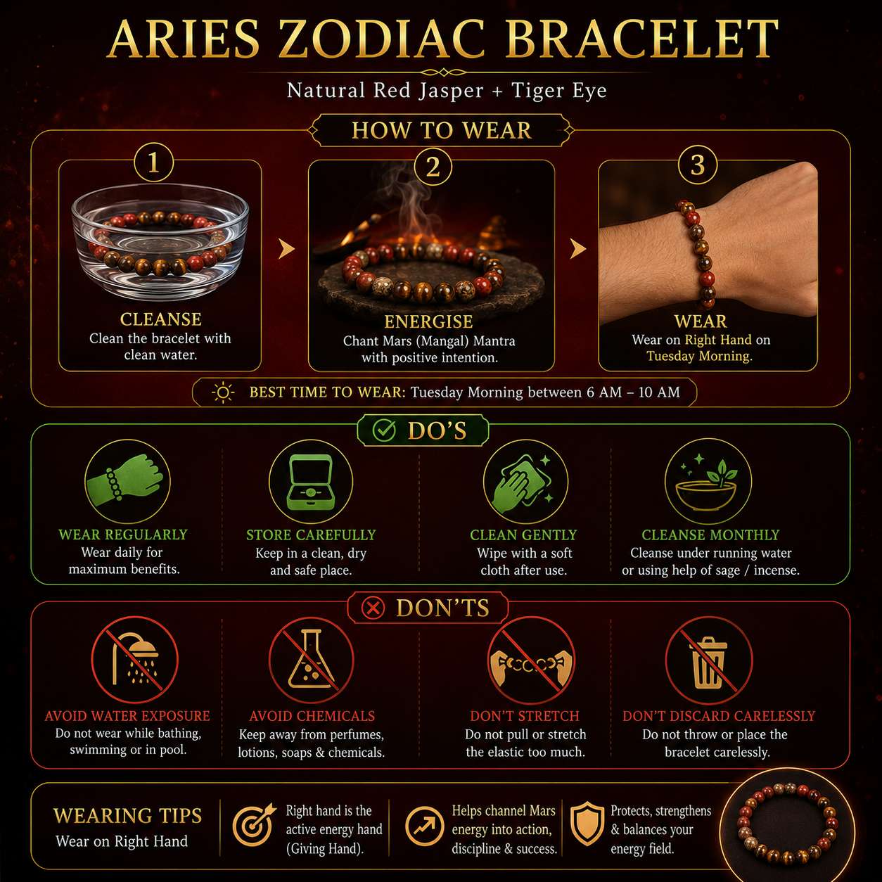 aries-zodiac-bracelet-benefits-infographic Aries Zodiac Bracelet benefits infographic showing focus, confidence, courage, emotional balance and chakra activation.