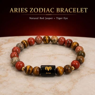 Aries Zodiac Bracelet product image on white background with Natural Red Jasper and Tiger Eye 8mm gemstone beads.