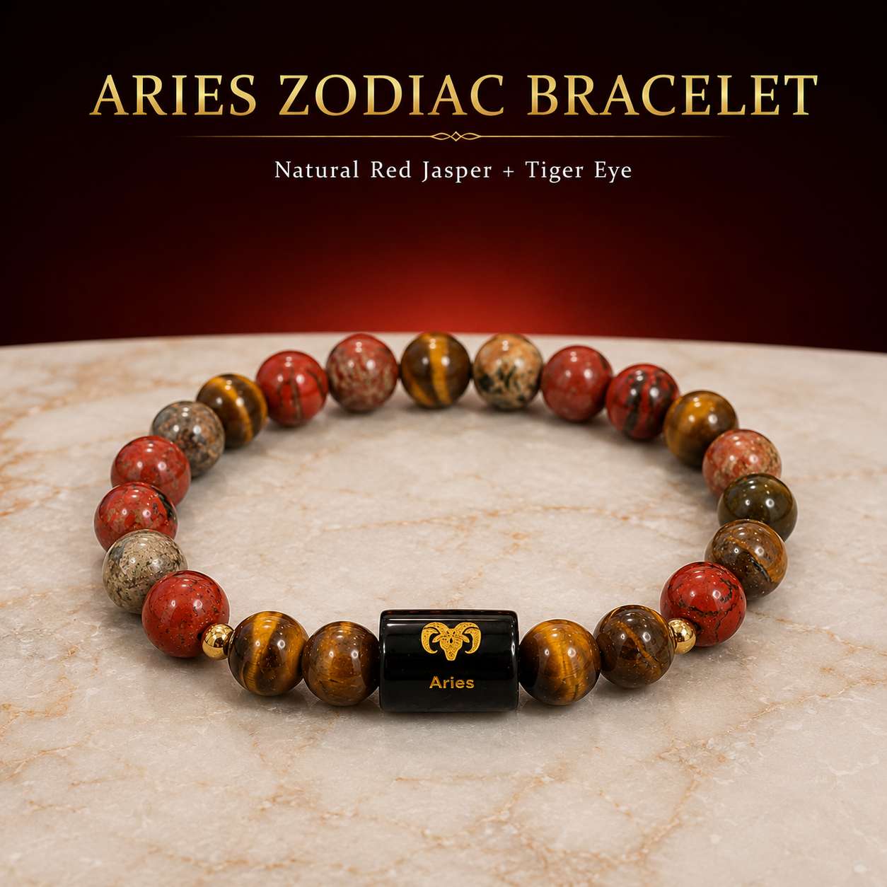 aries-zodiac-bracelet-white-background-product Aries Zodiac Bracelet product image on white background with Natural Red Jasper and Tiger Eye 8mm gemstone beads.