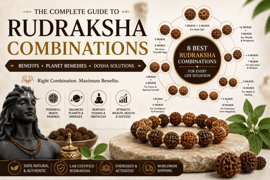 Complete guide to the best Rudraksha combinations for wealth, protection, health, Sade Sati, planetary remedies and spiritual growth.