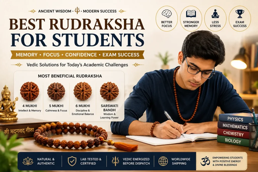 Best Rudraksha for students featuring 4 Mukhi, 5 Mukhi, 6 Mukhi and Saraswati Bandh for memory, focus, confidence and exam success.