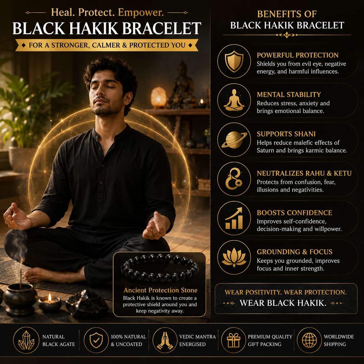 Person meditating while wearing a Black Hakik Bracelet for protection, grounding, confidence, emotional balance and inner peace.