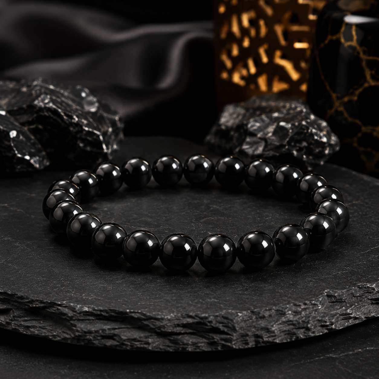 Premium Black Hakik Bracelet with natural 8mm black agate beads for protection, grounding, confidence and daily spiritual wear.
