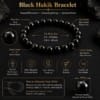 Black Hakik Bracelet size guide showing 8mm natural beads, stretchable elastic cord, wrist size, bead count and unisex fit.