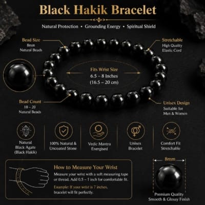 Black Hakik Bracelet size guide showing 8mm natural beads, stretchable elastic cord, wrist size, bead count and unisex fit.