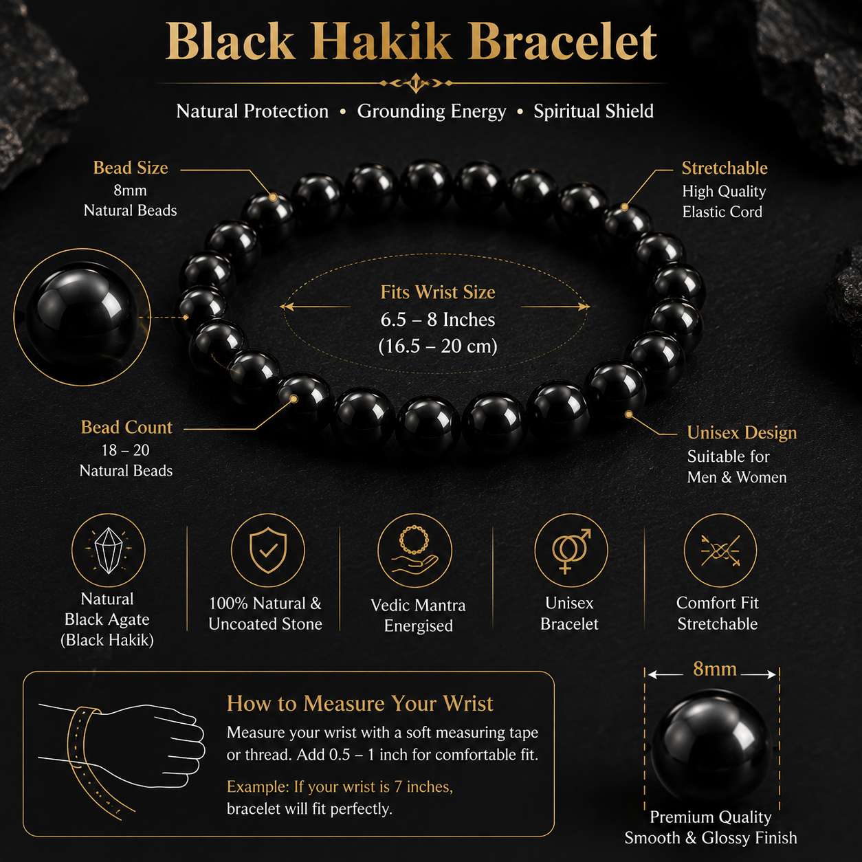 Black Hakik Bracelet size guide showing 8mm natural beads, stretchable elastic cord, wrist size, bead count and unisex fit.