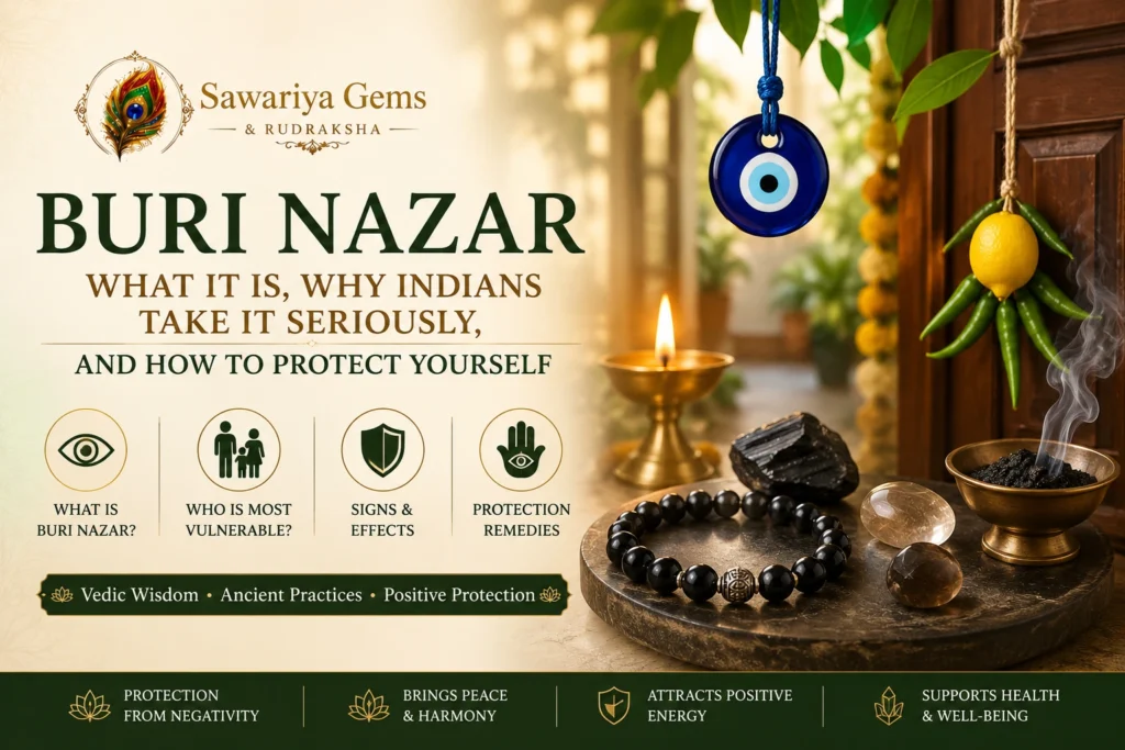 Featured image explaining Buri Nazar, its signs, Vedic protection methods, Evil Eye, Nimbu Mirchi and protective gemstones in India.