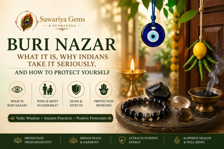 Featured image explaining Buri Nazar, its signs, Vedic protection methods, Evil Eye, Nimbu Mirchi and protective gemstones in India.