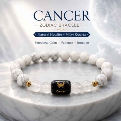 Cancer Zodiac Bracelet with Natural Howlite and Milky Quartz 8mm beads, premium moon-themed hero image for Karka Rashi.