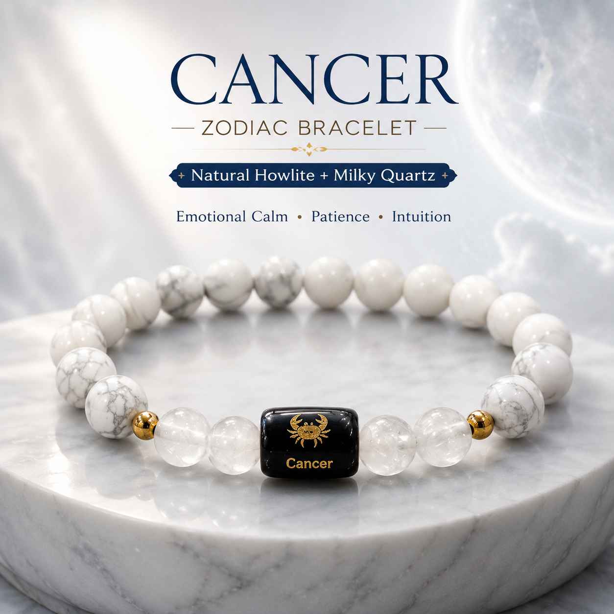 cancer-zodiac-bracelet-natural-howlite-milky-quartz-hero. Cancer Zodiac Bracelet with Natural Howlite and Milky Quartz 8mm beads, premium moon-themed hero image for Karka Rashi.