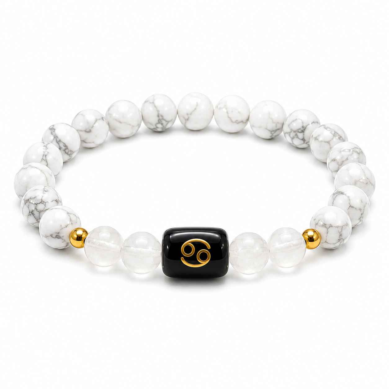 cancer-zodiac-bracelet-white-background-product Cancer Zodiac Bracelet with Natural Howlite and Milky Quartz 8mm beads isolated on a pure white background product image.