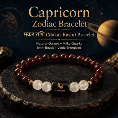 Premium Capricorn (Makar Rashi) Zodiac Bracelet featuring Natural Garnet and Milky Quartz 8mm gemstones with Saturn-inspired luxury background.