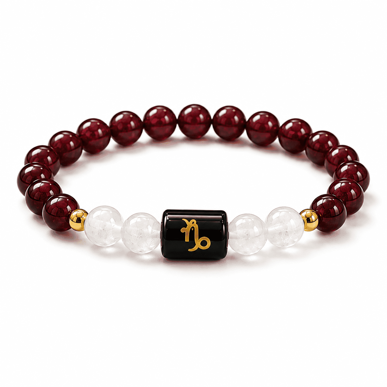 capricorn-makar-rashi-zodiac-bracelet-white-background-product Capricorn (Makar Rashi) Zodiac Bracelet with Natural Garnet and Milky Quartz 8mm beads isolated on white background for product listing.