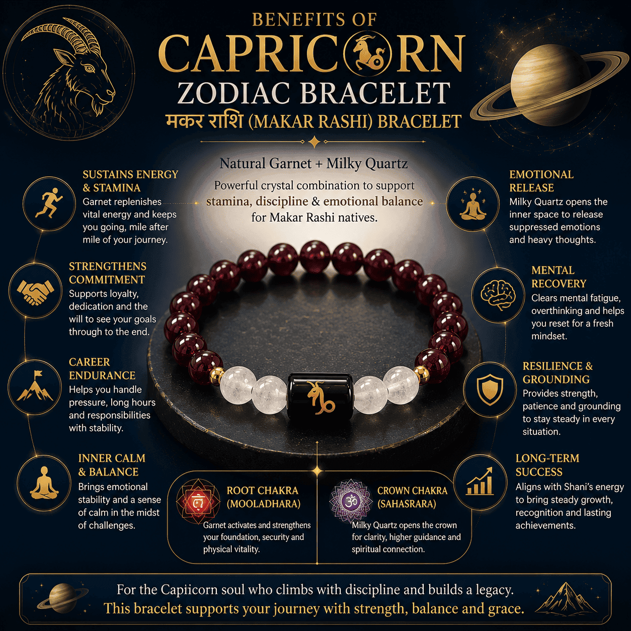 capricorn-zodiac-bracelet-benefits-garnet-milky-quartz-infographic Benefits of Capricorn (Makar Rashi) Zodiac Bracelet with Natural Garnet and Milky Quartz supporting stamina, emotional balance and focus.