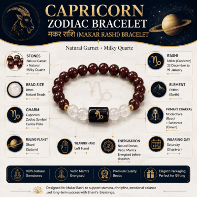 Capricorn (Makar Rashi) Zodiac Bracelet specifications including Natural Garnet, Milky Quartz, 8mm beads, Saturn and Root & Crown Chakras.