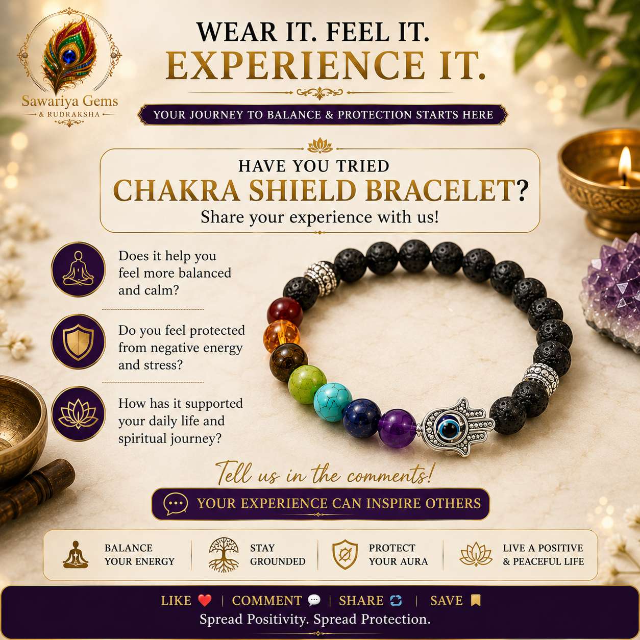 chakra-shield-bracelet-customer-engagement-review Share your Chakra Shield Bracelet experience with 7 chakra stones, lava stone and Evil Eye protection for balanced energy.