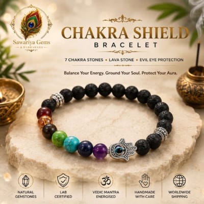 Natural Chakra Shield Bracelet with 7 chakra stones, lava stone and Evil Eye charm for balance, grounding and energy protection.