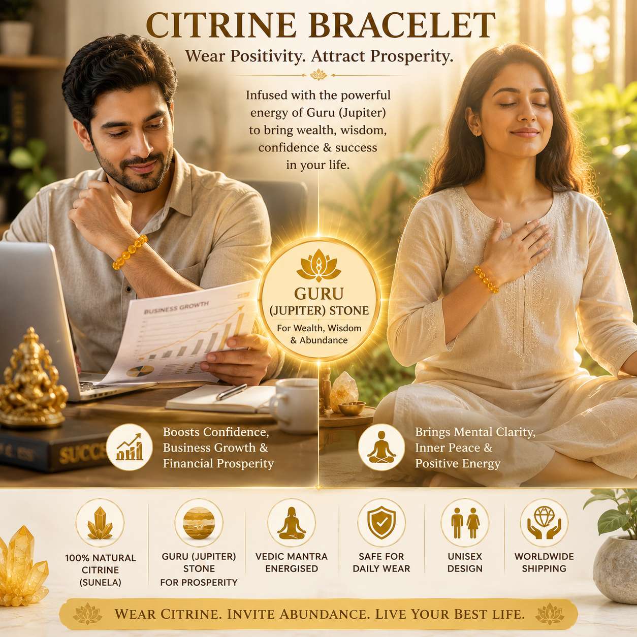 Man and woman wearing Natural Citrine Bracelet for prosperity, confidence, positive energy, meditation and business success.