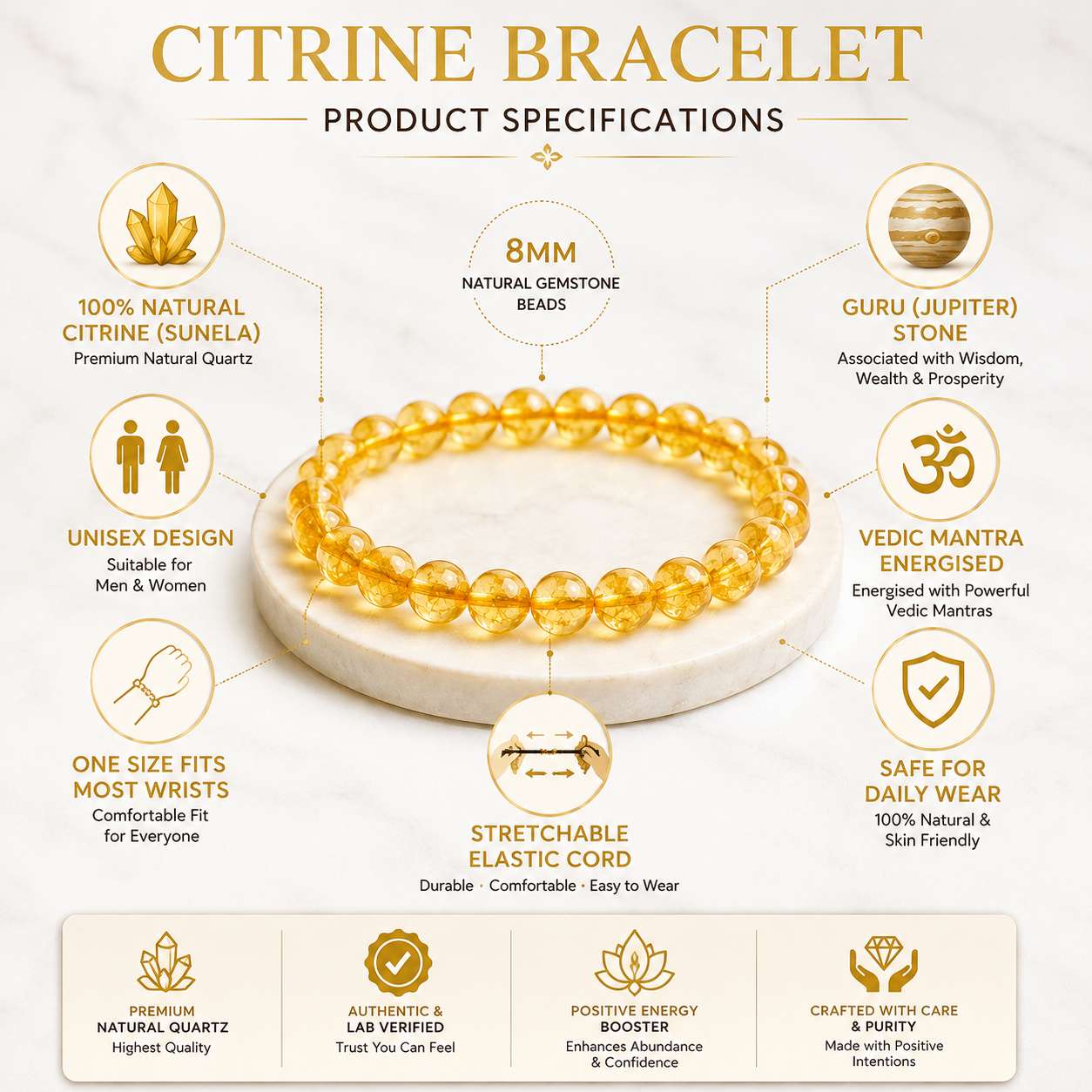 Citrine Bracelet specifications showing 8mm natural gemstone beads, stretchable elastic, Guru stone and unisex daily wear.