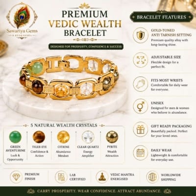 Premium Vedic Wealth Bracelet showing gold-toned finish, adjustable size, unisex design and 5 natural wealth crystals.