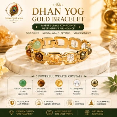 Dhan Yog Gold Bracelet with 5 natural wealth crystals, gold-toned finish and Vedic energised design by Sawariya Gems