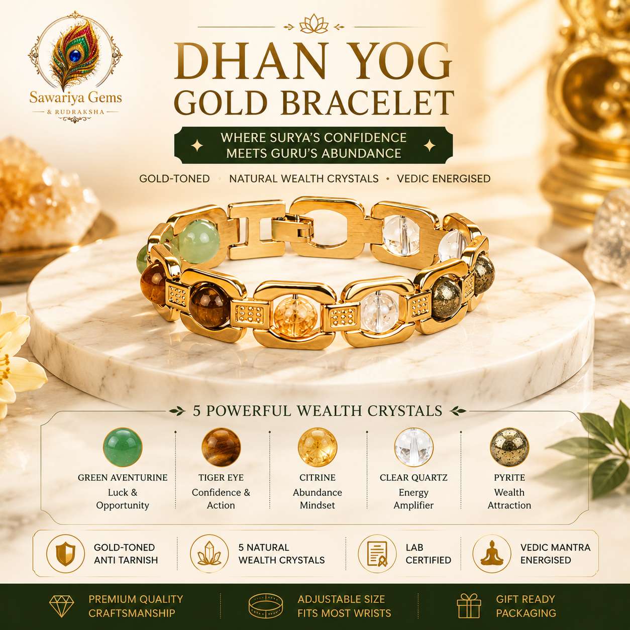 dhan-yog-gold-bracelet-premium-product Dhan Yog Gold Bracelet with 5 natural wealth crystals, gold-toned finish and Vedic energised design by Sawariya Gems