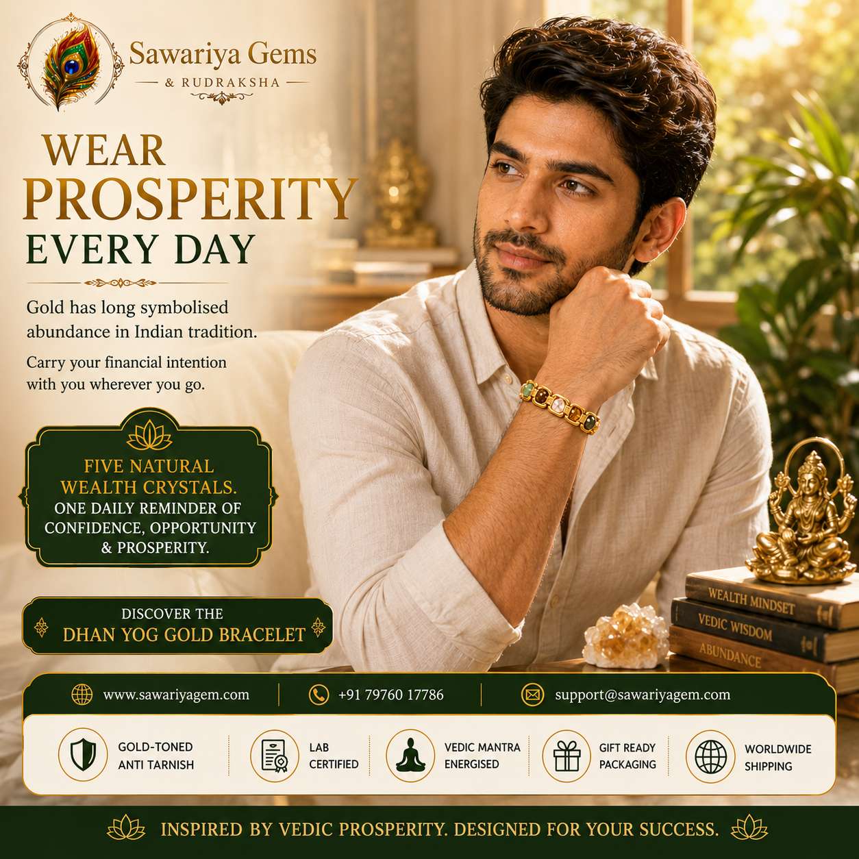 dhan-yog-gold-bracelet-prosperity Dhan Yog Gold Bracelet lifestyle image with prosperity theme, Vedic energised wealth crystals and premium gold-toned finish.