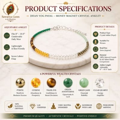 Dhan Yog Payal specifications showing adjustable anklet, natural crystals, bead details and premium craftsmanship.