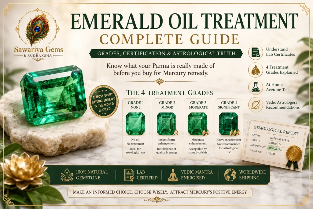 Featured image explaining emerald oil treatment grades, lab certification, and astrological suitability for natural Panna gemstones.