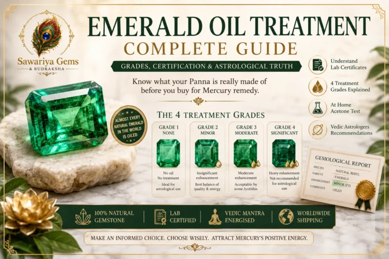 Featured image explaining emerald oil treatment grades, lab certification, and astrological suitability for natural Panna gemstones.