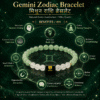 Gemini Zodiac Bracelet specifications infographic featuring Green Aventurine, Milky Quartz, Mercury planet, Air element and chakra details.