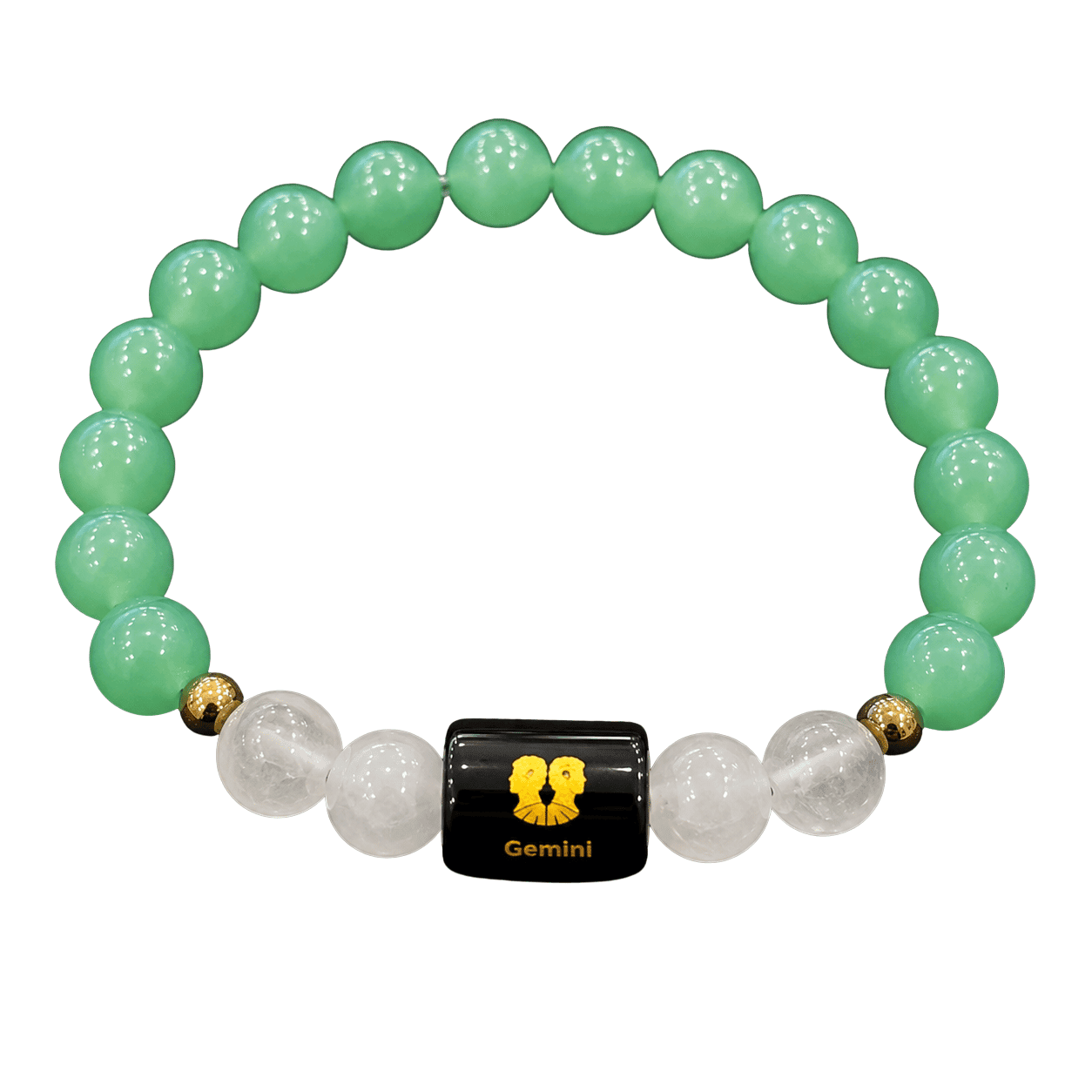 Gemini Zodiac Bracelet on white background featuring Natural Green Aventurine, Milky Quartz 8mm beads and Gemini zodiac charm for Mithun Rashi.