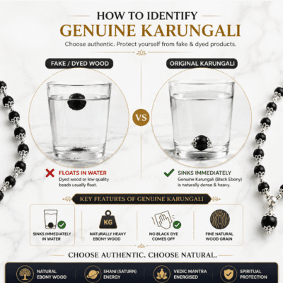 Infographic explaining how to identify genuine Karungali Mala using water test, weight, wood grain and authenticity checks for Black Ebony.