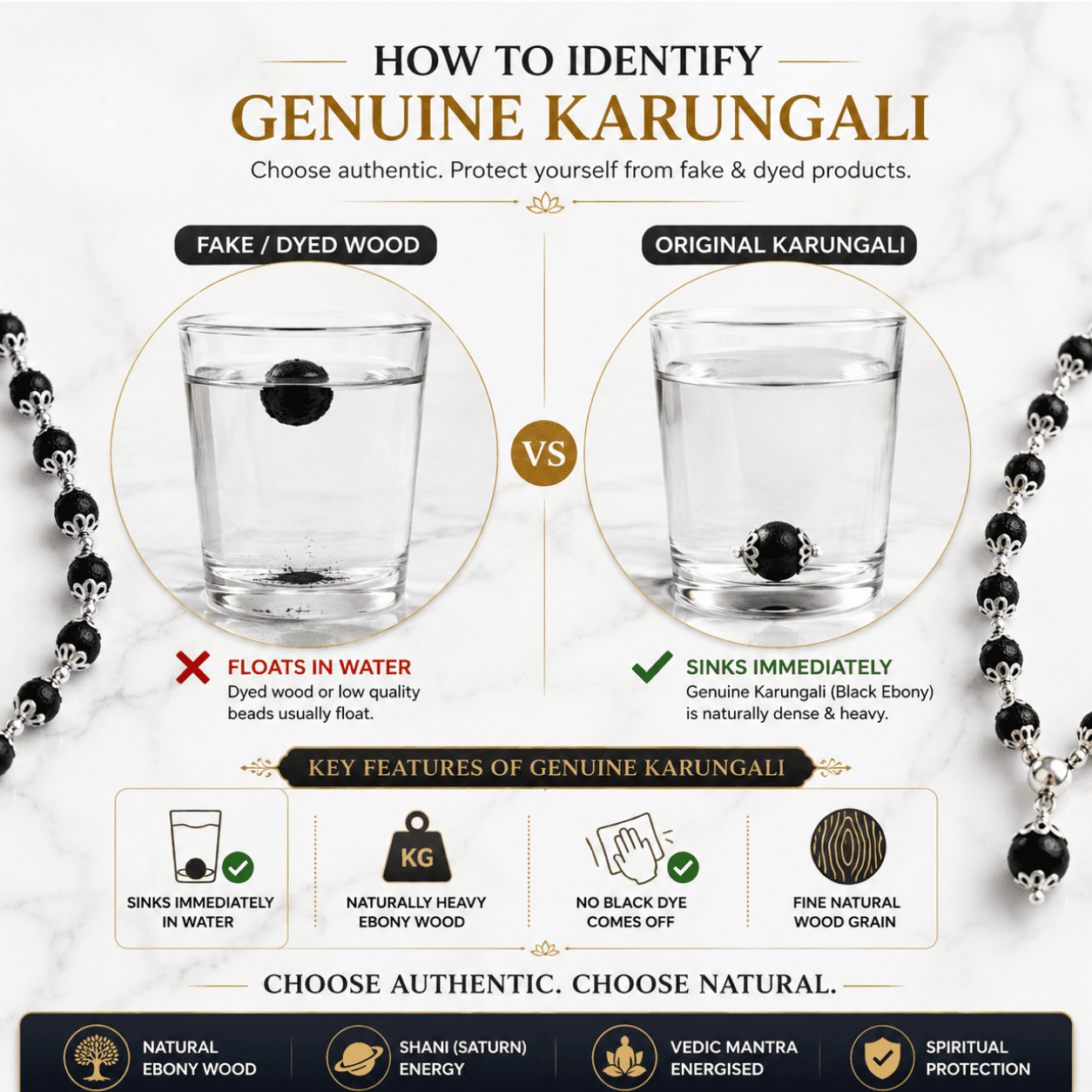 how-to-identify-genuine-karungali-mala Infographic explaining how to identify genuine Karungali Mala using water test, weight, wood grain and authenticity checks for Black Ebony.